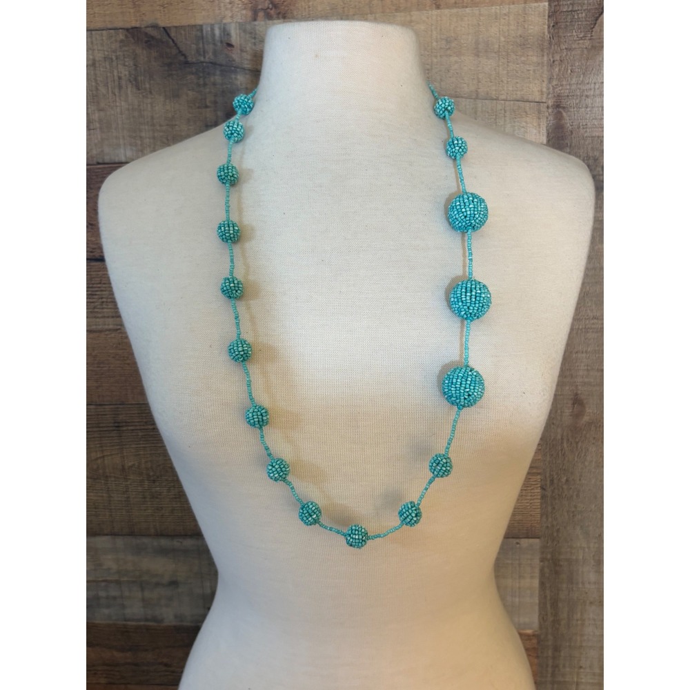 Coldwater Creek Turquoise Blue Seed Bead Ball Strand Necklace Long Statement